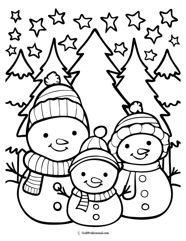 Family of three snowmen standing in front of evergreen trees, coloring page