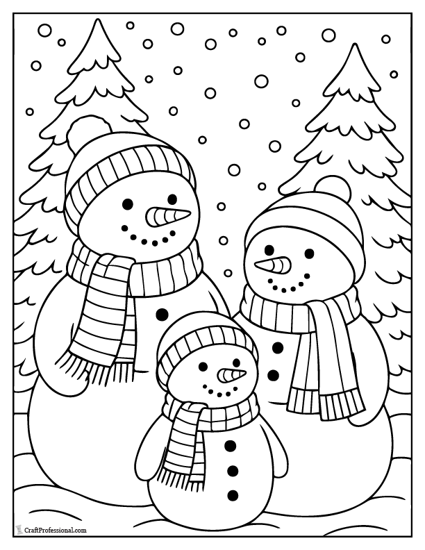 Snowman family wearing scarves, coloring page.