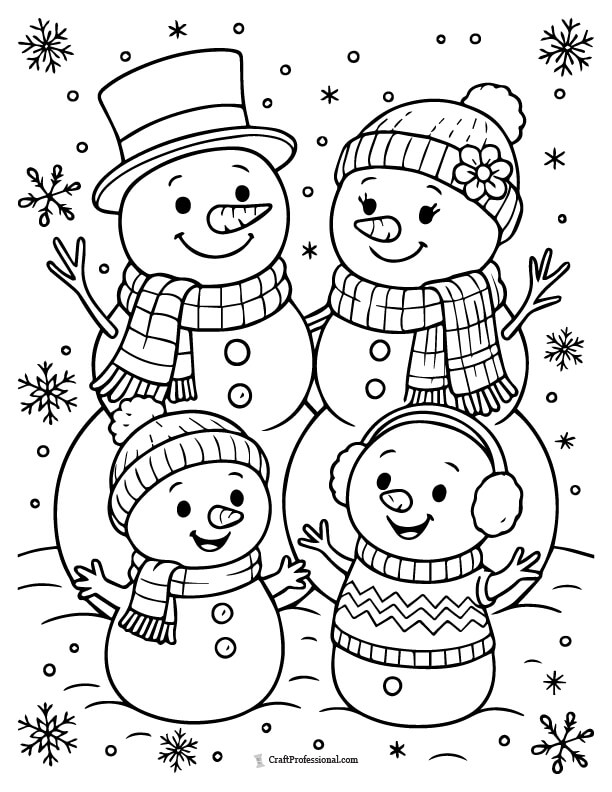 Snowman family with kids coloring page