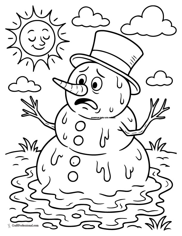 Melting snowman in the sun coloring page