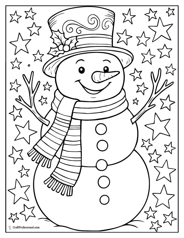 Snowman at night with stars coloring page