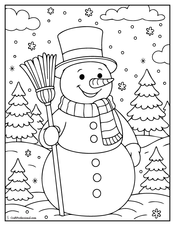 Snowman holding a broom, and wearing a top hat, coloring page.