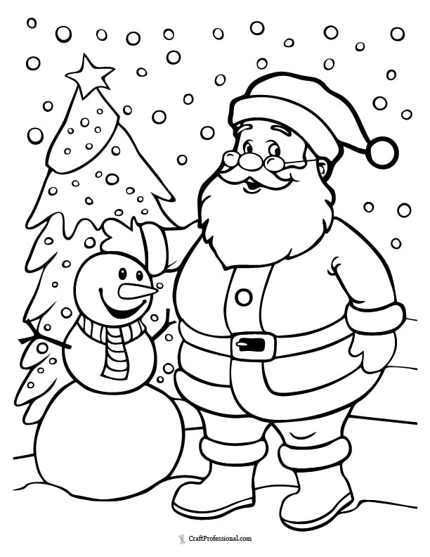Snowman and Santa in front of an evergreen tree surrounded by snow, coloring page