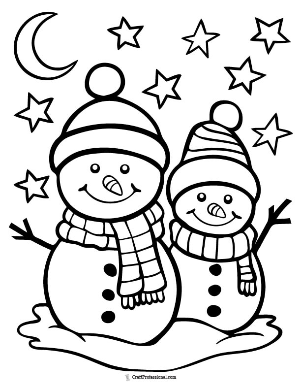 Two snowmen surrounded by snow and a starry night sky, coloring page