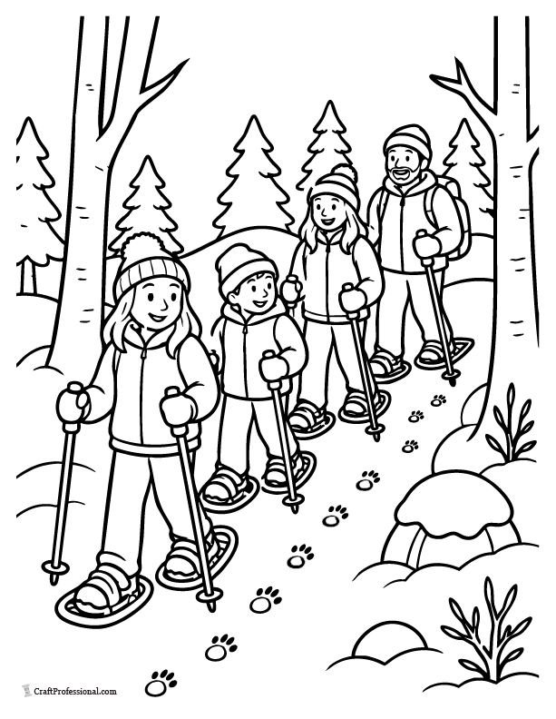 Snowshoeing coloring page with a family exploring a snowy forest and following animal tracks.