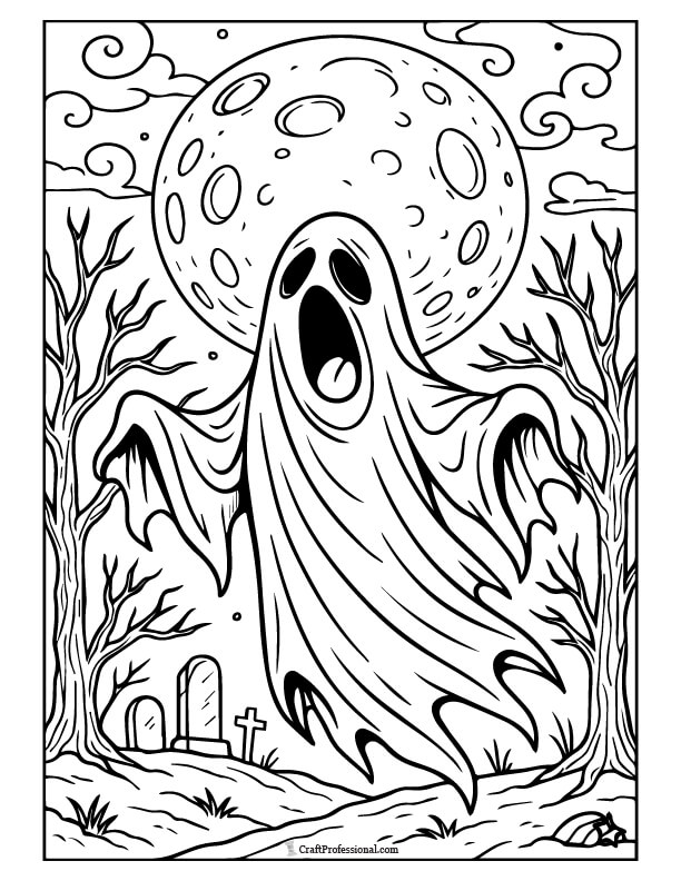 Ghost howling near a full moon spooky coloring sheet