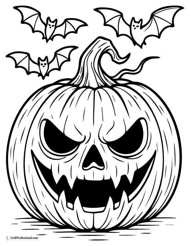 Spooky grinning jack o'lantern with bats flying overhead, coloring page