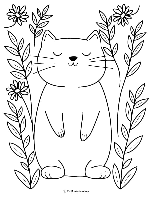 Cat with spring flowers coloring page