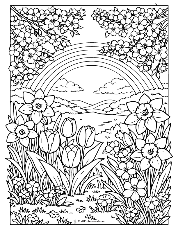 Spring rainbow coloring page with daffodils, tulips, and cherry blossoms in bloom.
