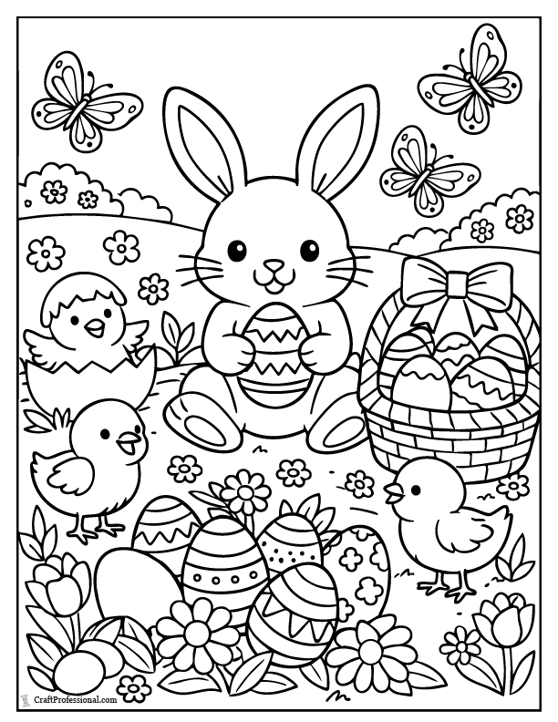 Spring garden Easter celebration scene with bunny, chicks, eggs, and flowers coloring page.