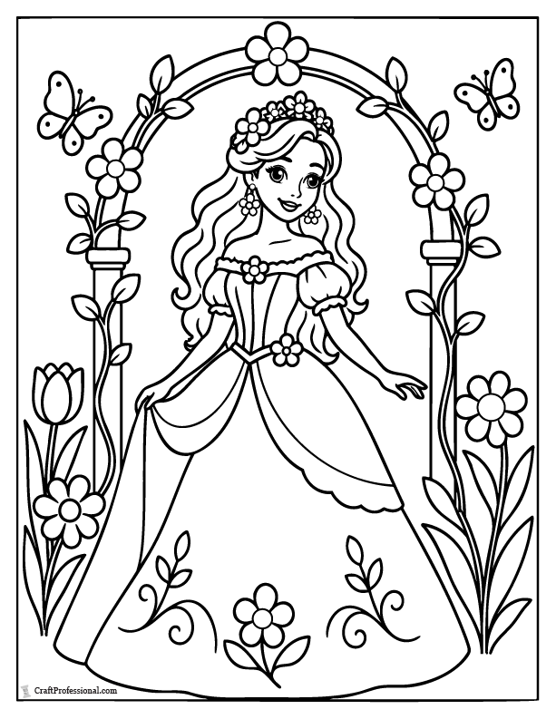 Spring princess coloring page with blooming flowers