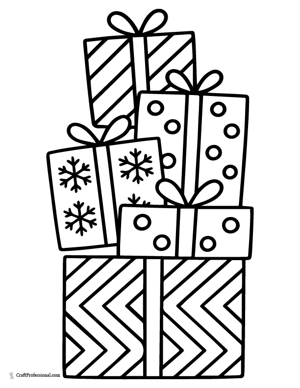 Stack of five presents with mixed wrapping coloring page.
