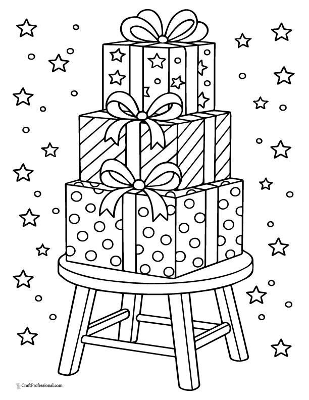 Stacked presents on small stool coloring page.
