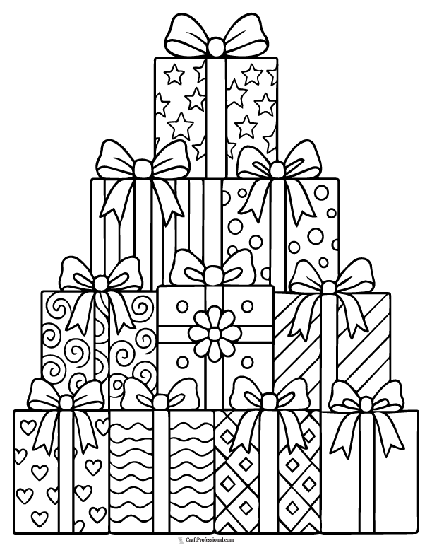 Pyramid stack of Christmas presents coloring sheet.