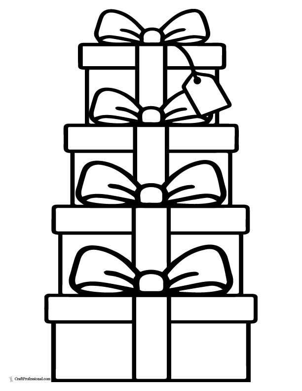 Tall tower of gifts with a tag coloring sheet.