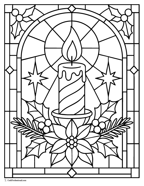 Detailed stained-glass Christmas candle coloring page.