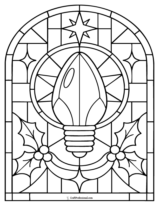 Stained-glass Christmas light bulb coloring page with decorative geometric patterns.