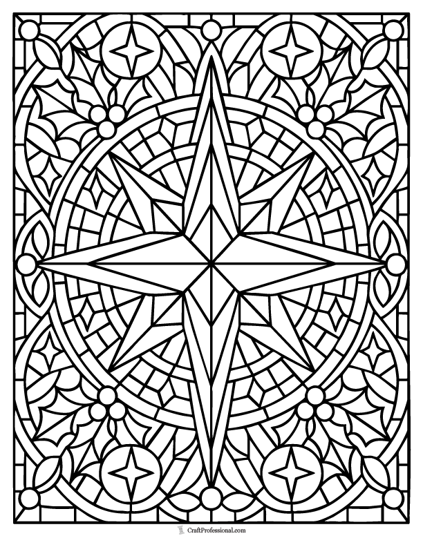Stained-glass Christmas star coloring page with decorative geometric panels.