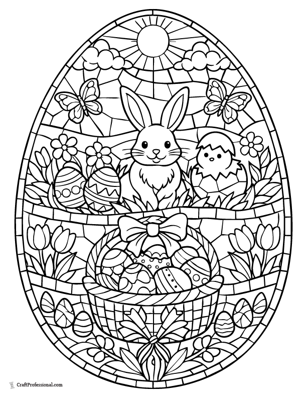Stained-glass mosaic Easter egg coloring page with Easter-themed patterns.