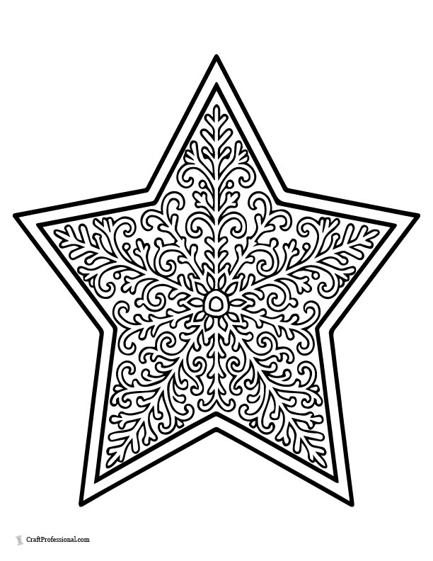 Star frame with snowflake filigree inside, detailed coloring page.