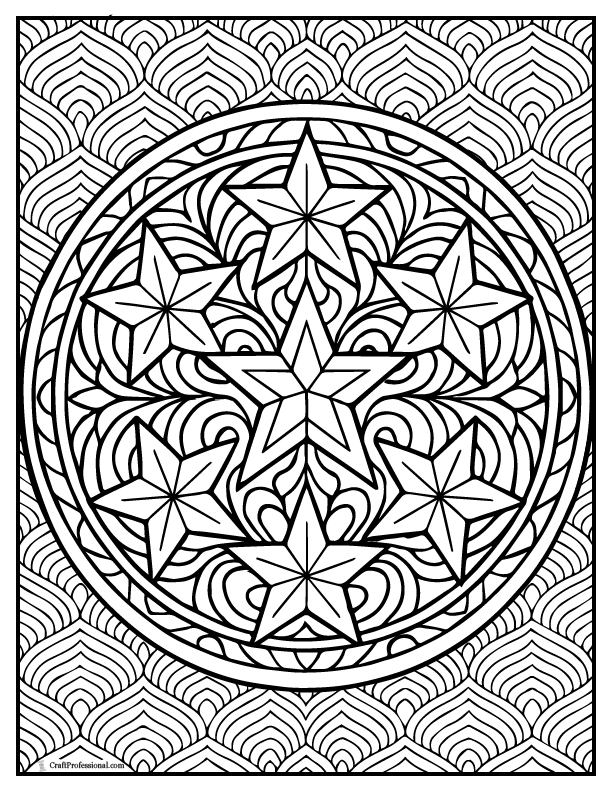 Star mandala with detailed background, coloring page.