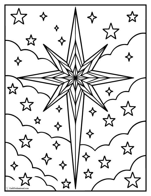 Star of Bethlehem surrounded by clouds and more stars, coloring sheet.