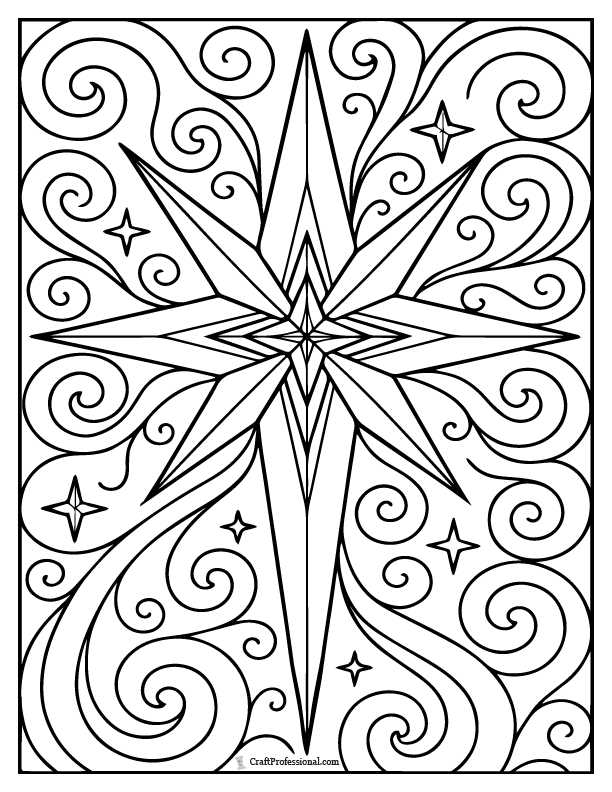 Star of Bethlehem with detailed background, coloring page.