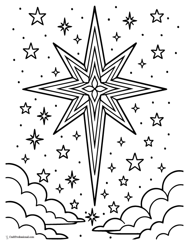 Star of Bethlehem surrounded by clouds and more stars, coloring page.