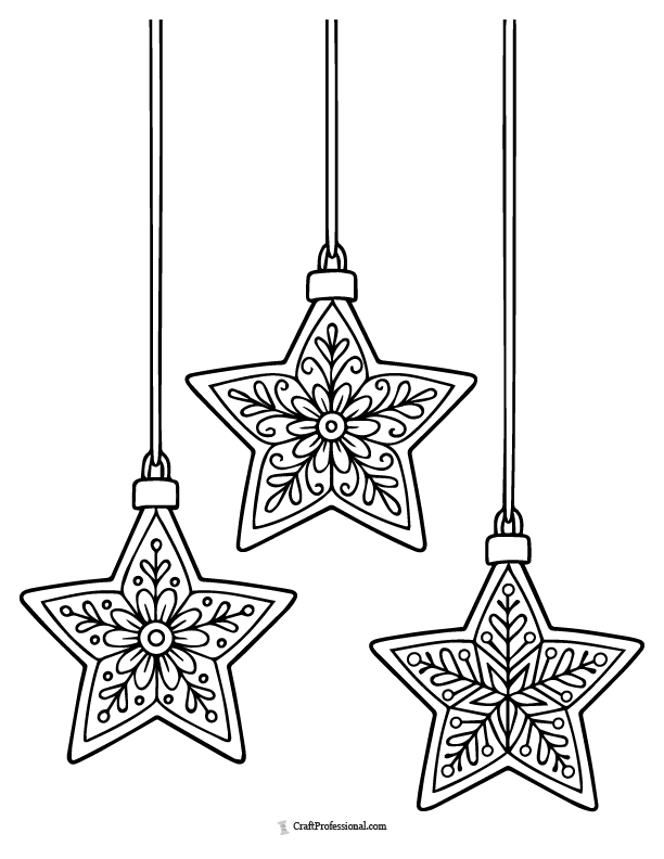 Three hanging star-shaped ornaments on ribbons, coloring page.