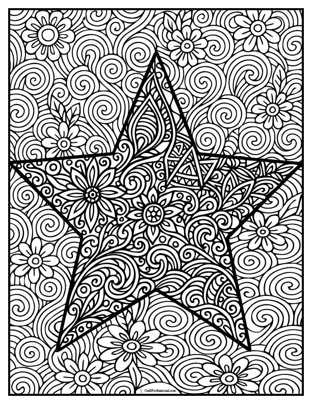 Star with Zentangle pattern, detailed-coloring page.