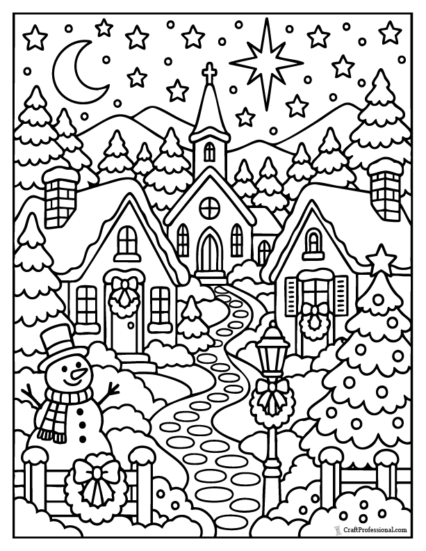 Snowy Christmas village under a large shining star coloring page.
