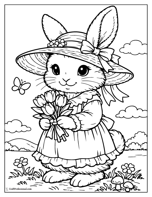 Storybook Easter bunny coloring page with a bunny wearing a wide-brim hat and holding tulips.