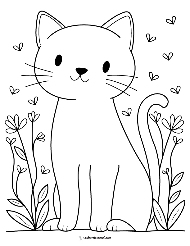 Cat with summer flowers and butterflies to color