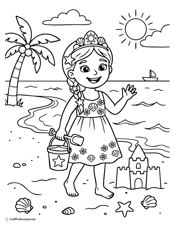 Summer princess coloring page at the beach