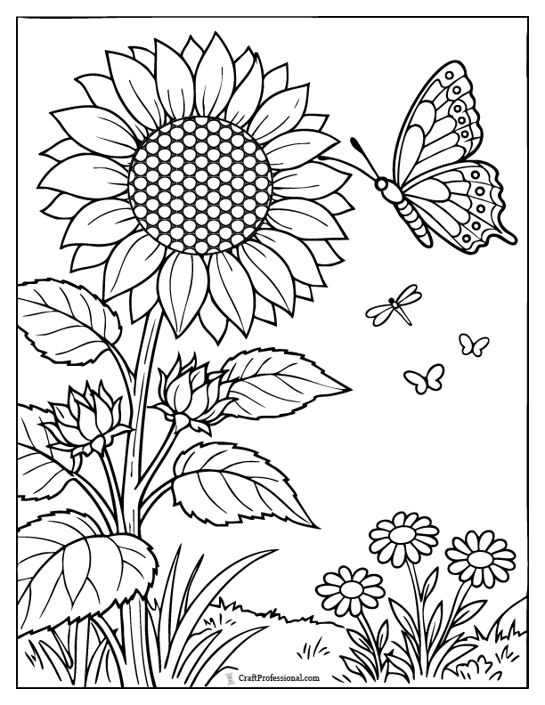 Sunflower coloring page with butterfly companion.