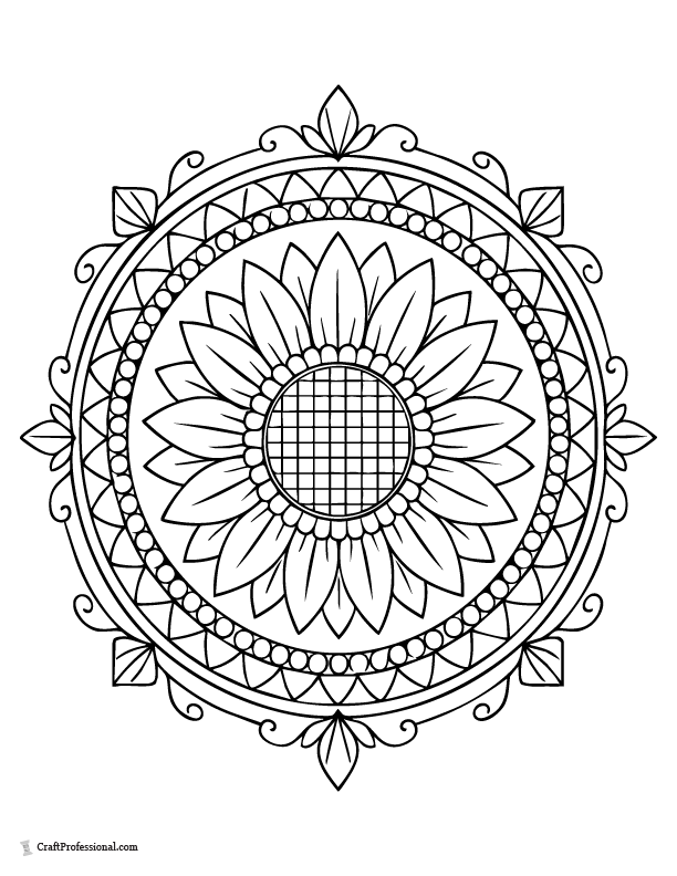 Sunflower mandala coloring page with spiral seed center and radial petals.