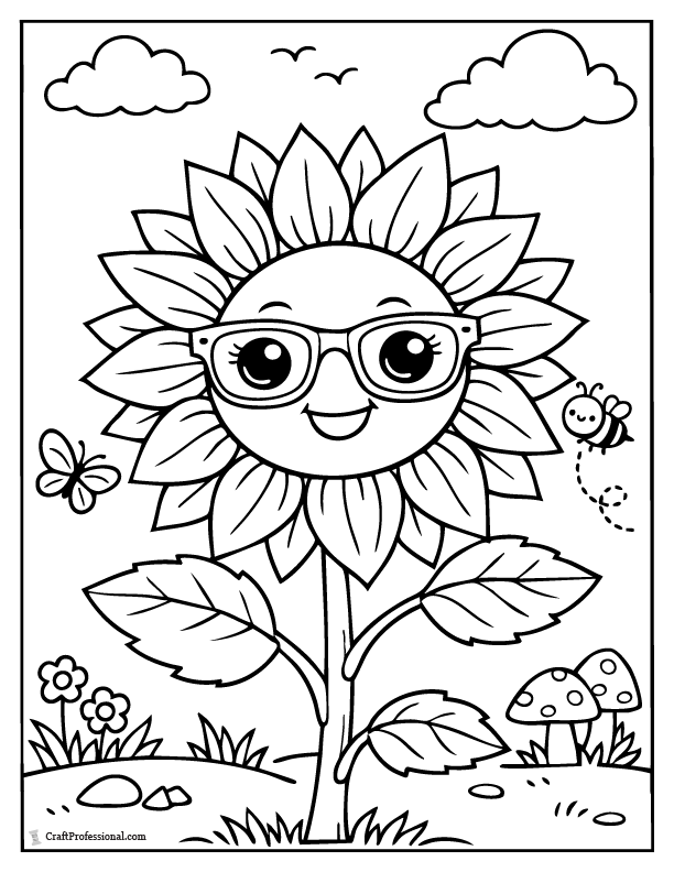 Cute sunflower coloring page wearing sunglasses.