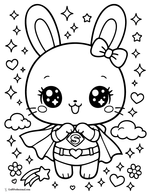 Super kawaii Easter bunny with sparkles coloring page printable.