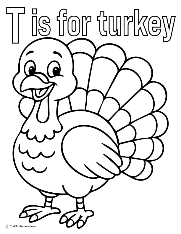 Smiling turkey with text "T is for turkey" coloring page