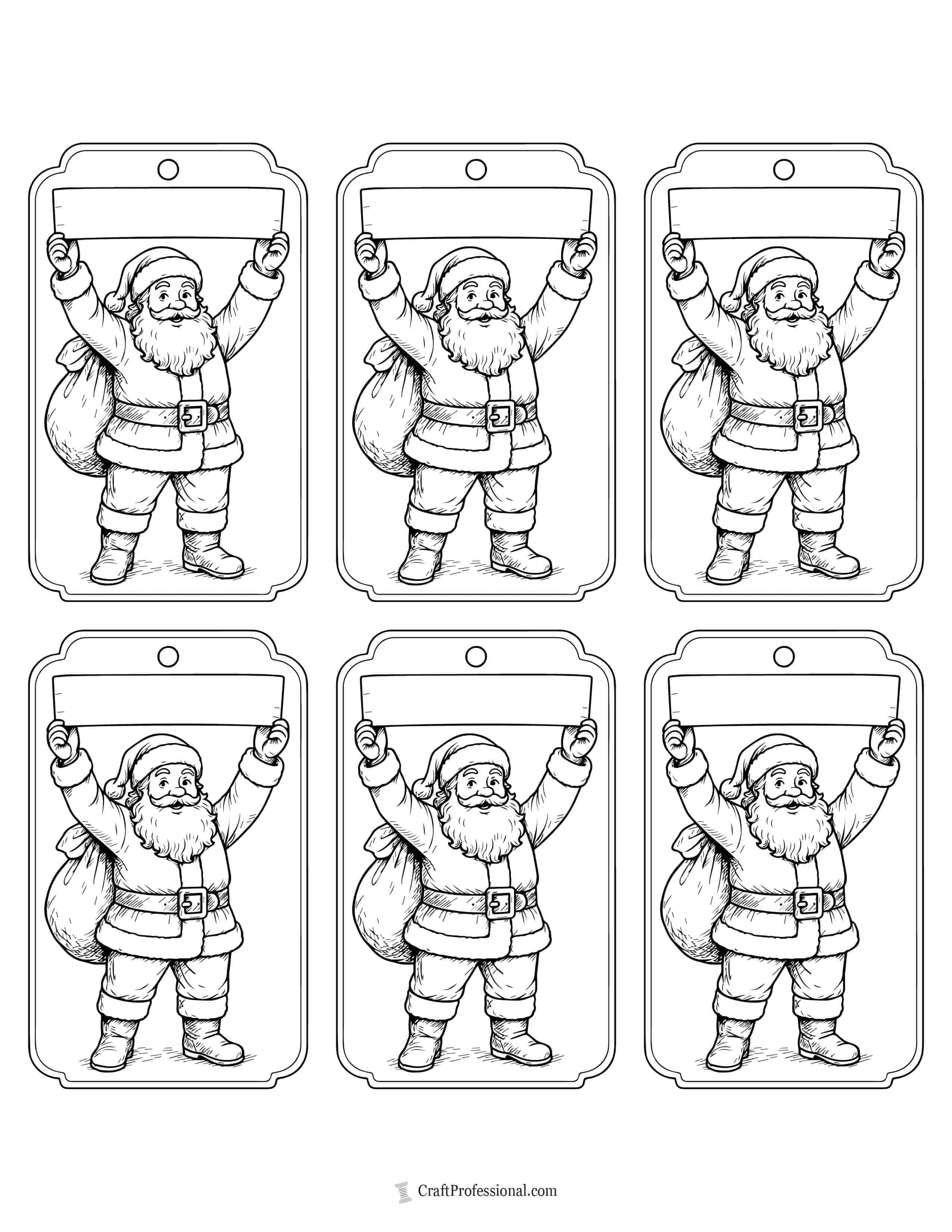Full-body Santa carrying sack of gifts, holding up a name banner to color in. Gift tags to color.