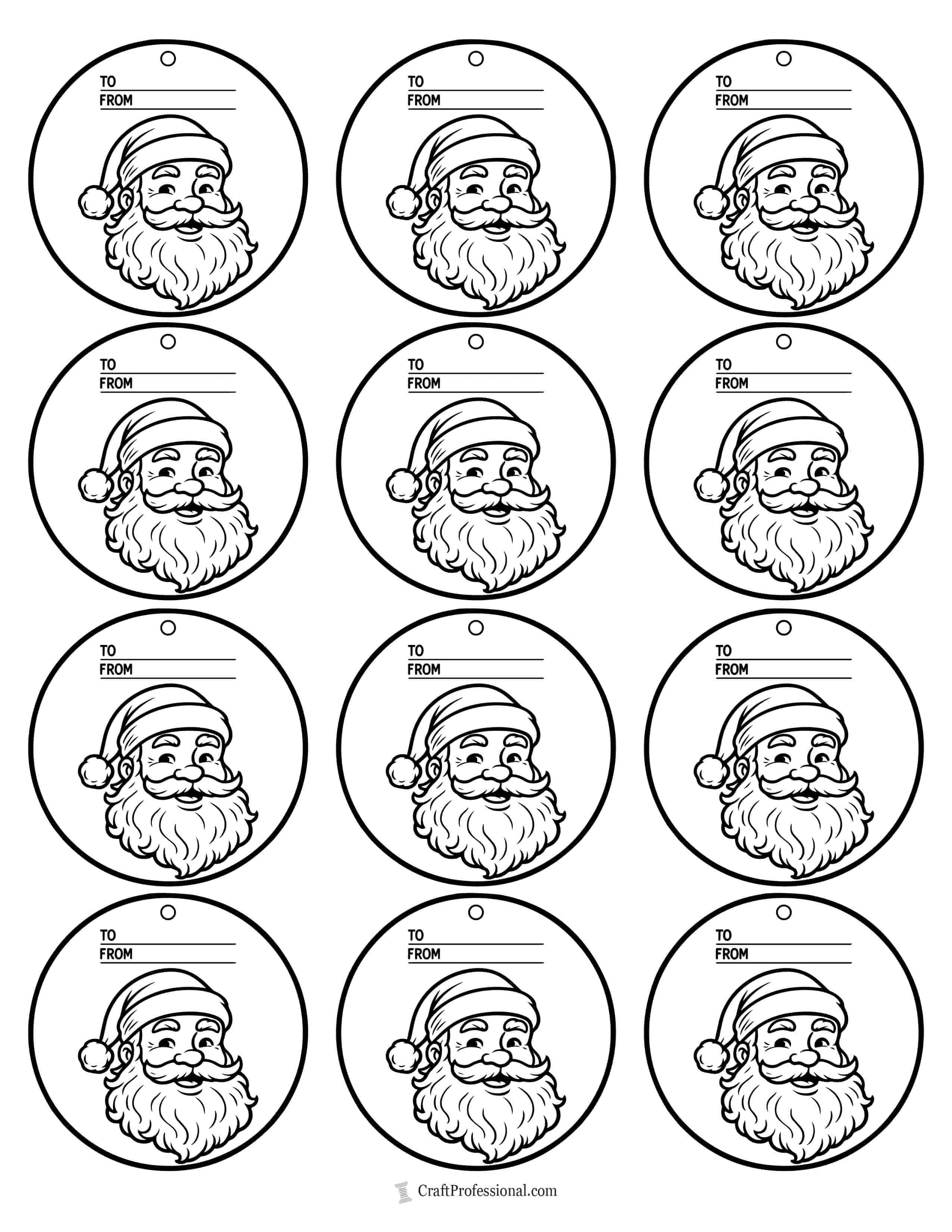 Round tag featuring a bold, cartoon-style Santa head to color