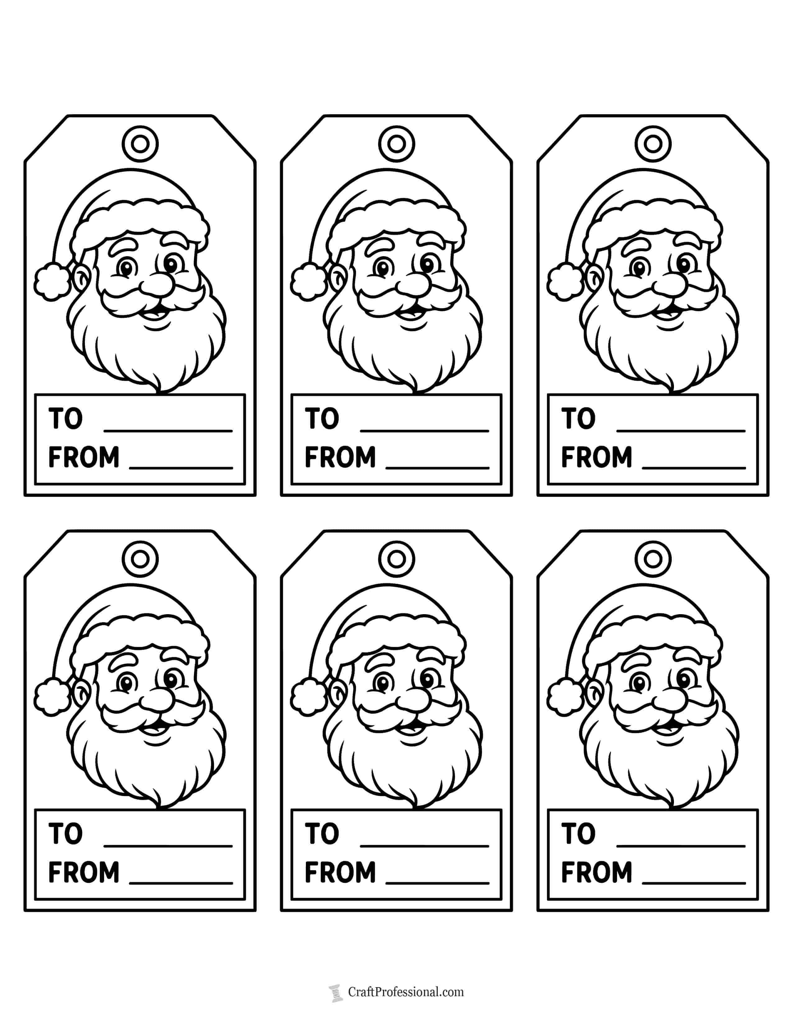 Printable gift tag featuring a bold, cartoon-style Santa head to color