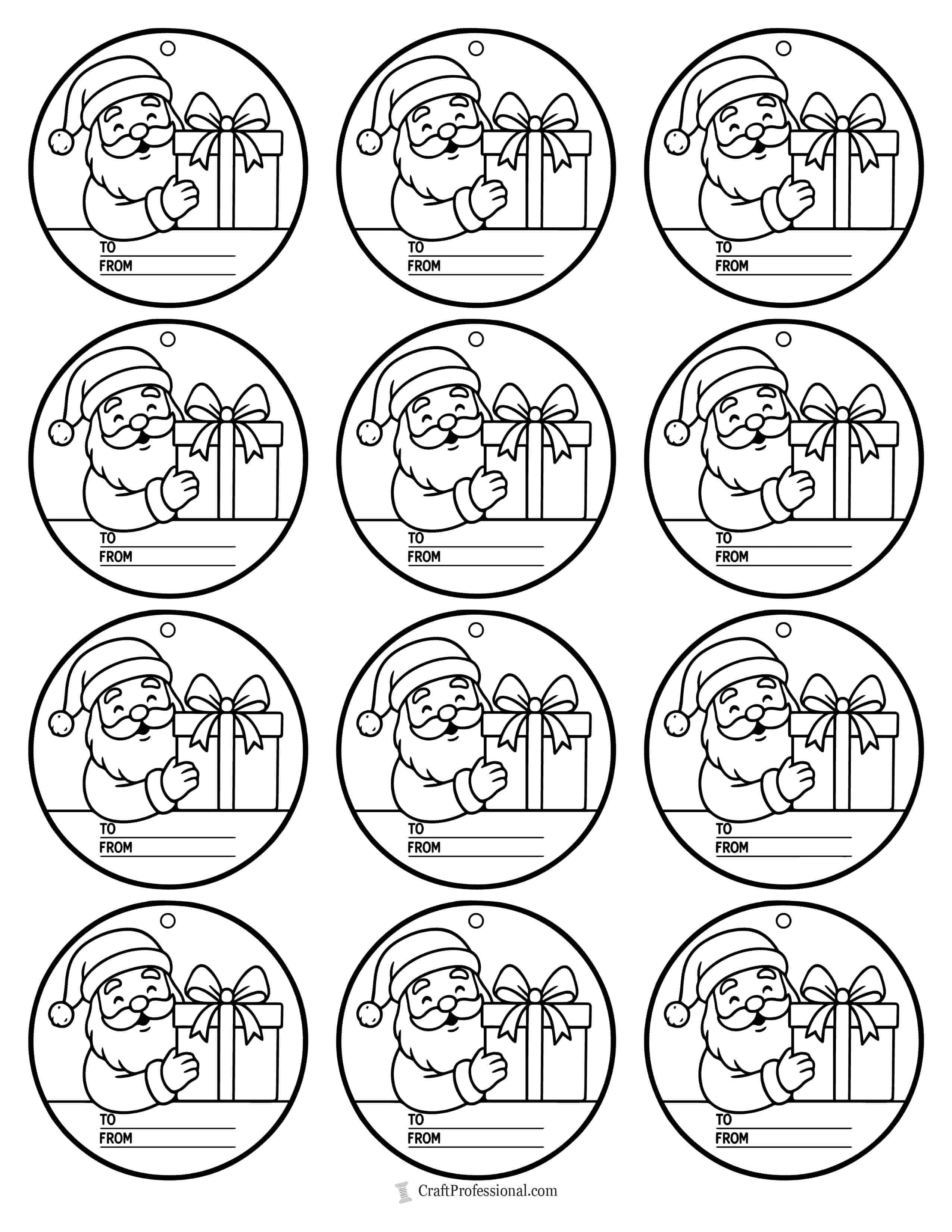 Santa peeking from behind a gift box printable gift tags to color.