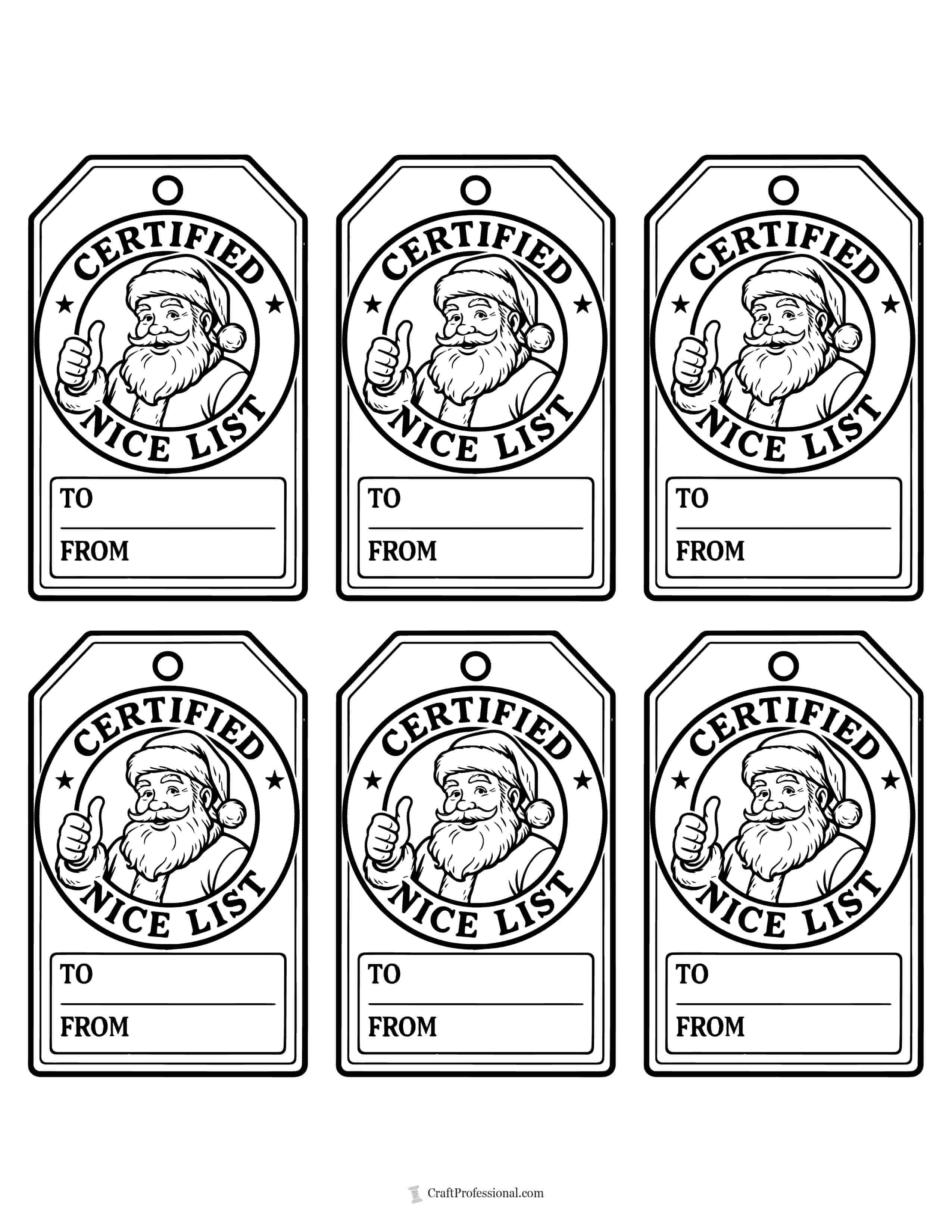 Stamped design with Santa giving a thumbs-up to color in. Text: “Certified Nice List” Gift tag to color.