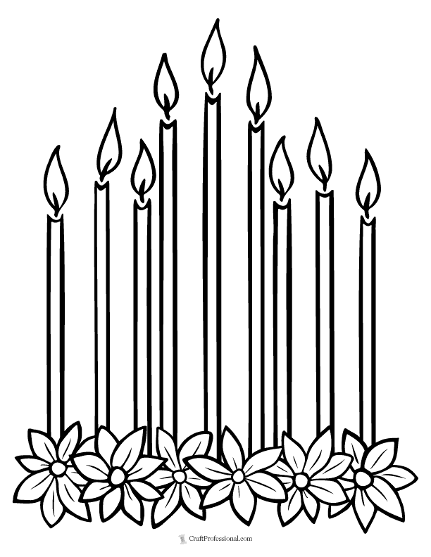 Coloring Page: Nine tall taper candles in a wreath of six poinsettias