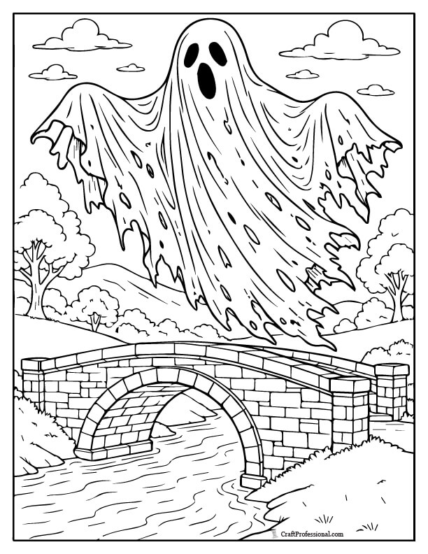 Tattered ghost hovering over a bridge, detailed coloring page