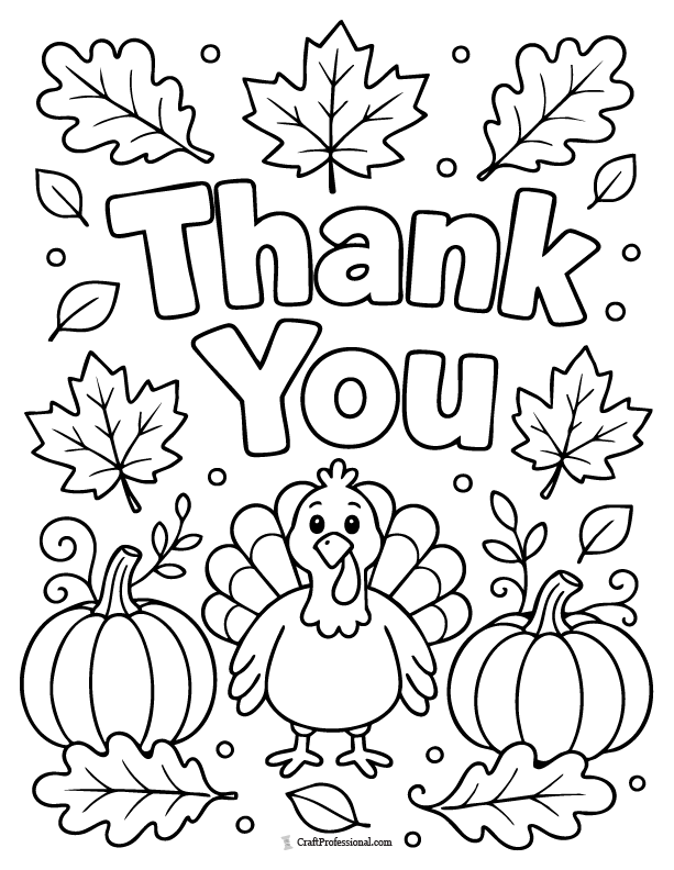 Thanksgiving coloring page with Thank You text surrounded by fall leaves, pumpkins, and a small turkey.
