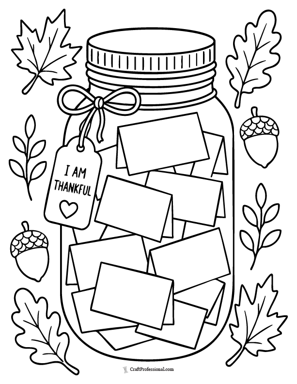 Thankful jar coloring page with blank paper slips for kids to write things they are grateful for.
