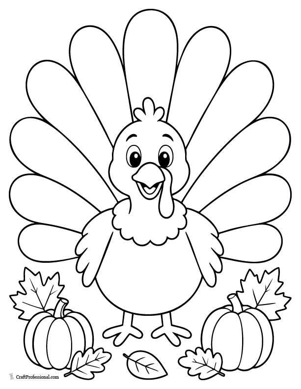 Thankful turkey coloring page with large feathers for writing or drawing gratitude ideas.