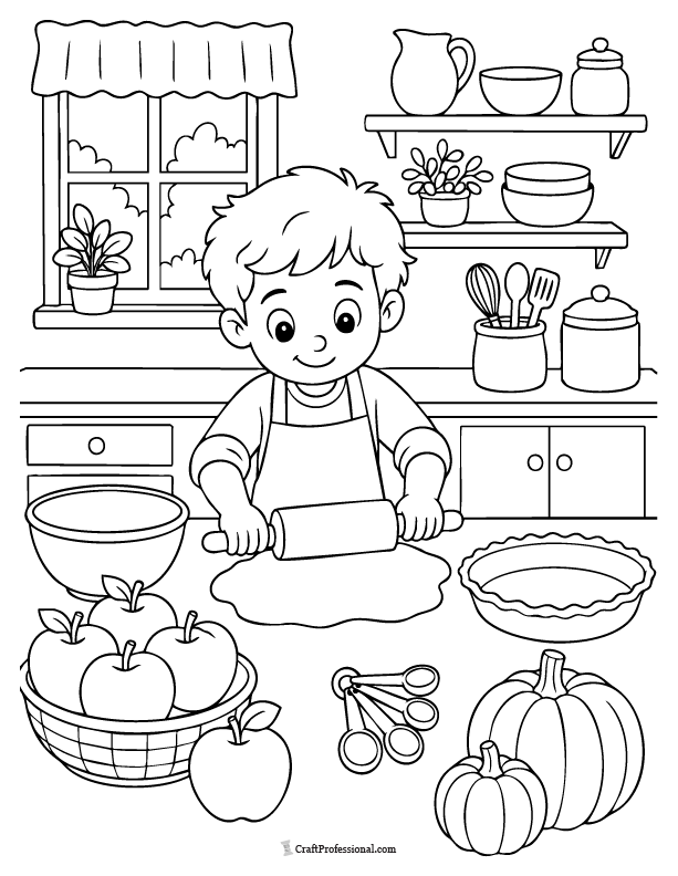 Thanksgiving baking day coloring page featuring a festive holiday baking scene.